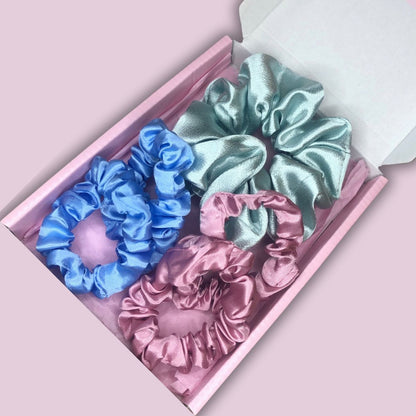 Satin Scrunchie Box Set - The Ultimate Hair Accessory Bundle - Aquamarine - Baby Blue - Dusty Pink