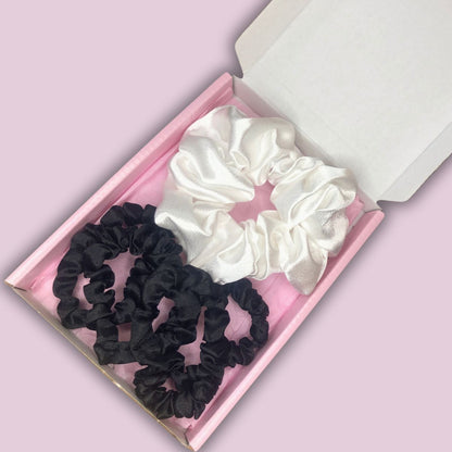 Satin Scrunchie Box Set - The Ultimate Hair Accessory Bundle - White - Black