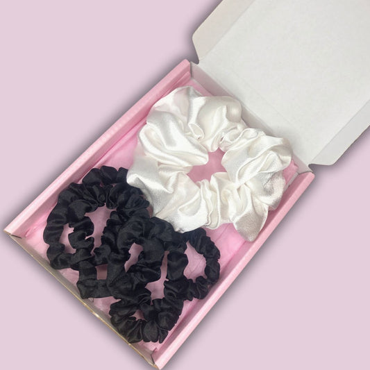 Satin Scrunchie Box Set - The Ultimate Hair Accessory Bundle - White - Black