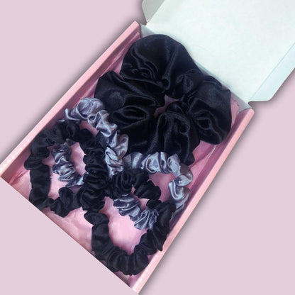 Satin Scrunchie Box Set - The Ultimate Hair Accessory Bundle - Black - Silver