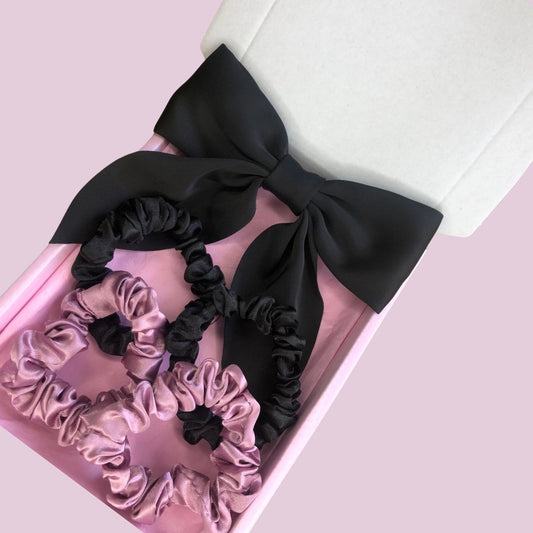 Satin Bow & Mini Scrunchie  Box Set - Black & Pink