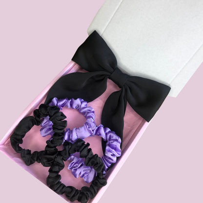 Satin Bow & Mini Scrunchie Box Set - Black & Purple