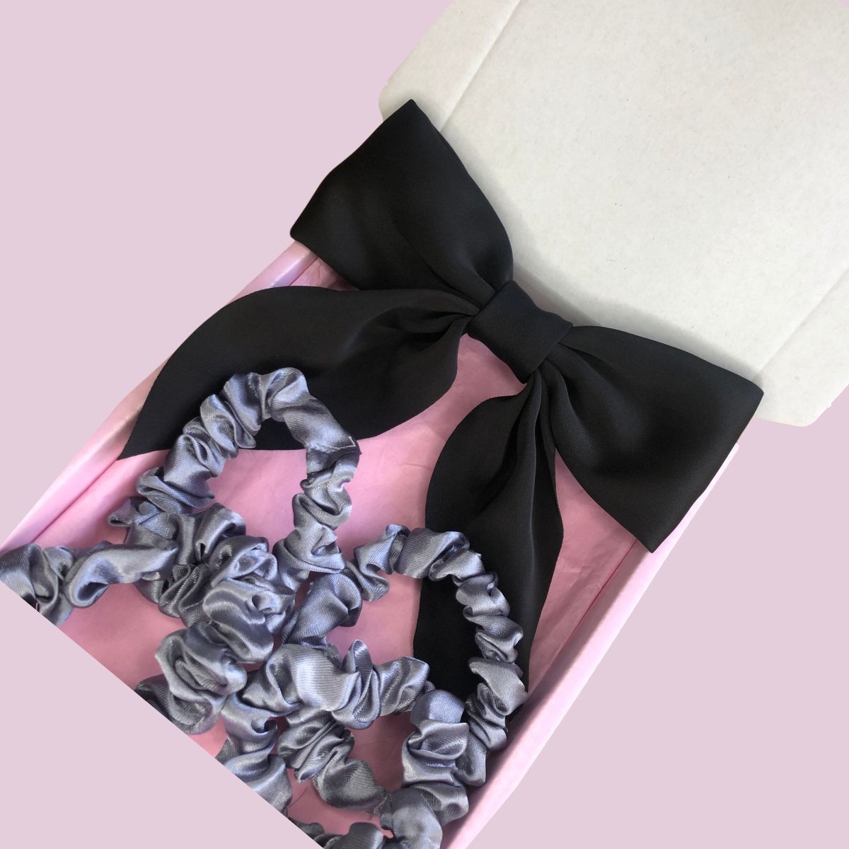 Satin Bow & Mini Scrunchie Box Set - Black & Silver