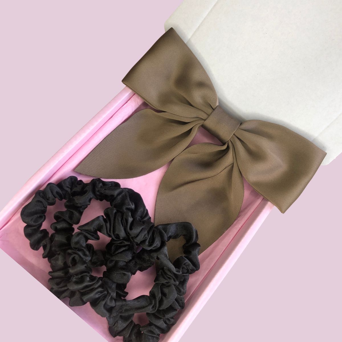 Satin Bow & Mini Scrunchie Box Set - Brown & Black