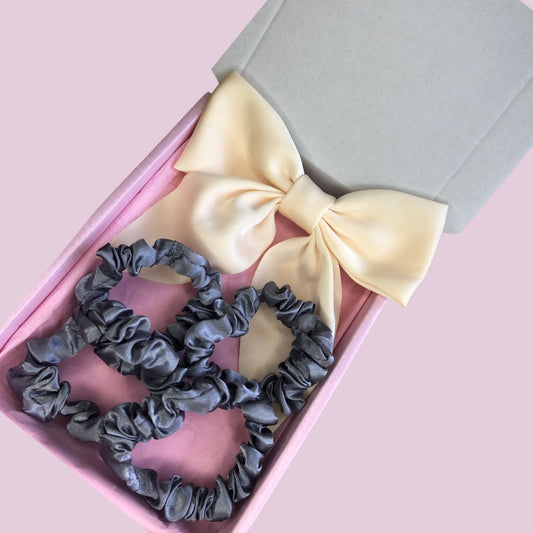 Satin Bow & Mini Scrunchie Box Set - Cream & Silver