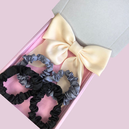 Satin Bow & Mini Scrunchie Box Set - Cream Black & Silver