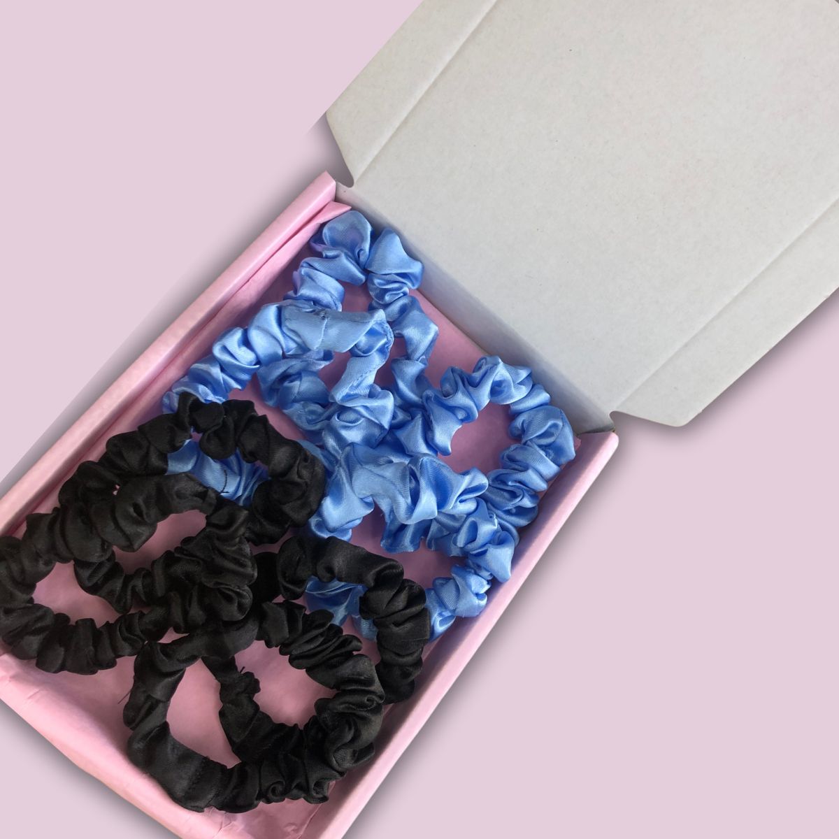 Mini Satin Scrunchies Box Set (8) - Black & Baby Blue