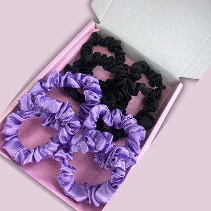 Mini Satin Scrunchie Box Set (8) - Purple & Black