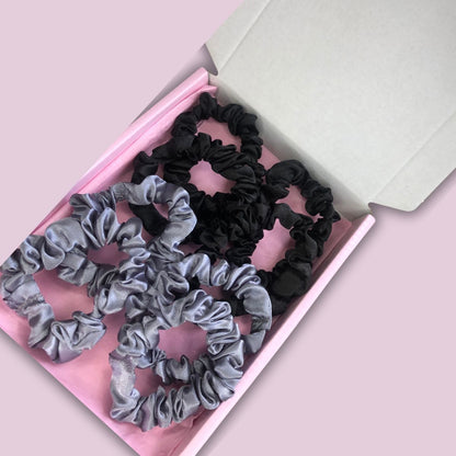 Mini Satin Scrunchies Box Set (8) - Black & Silver