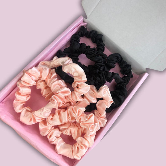 Mini Satin Scrunchies Box Set (8) - Black & Peach