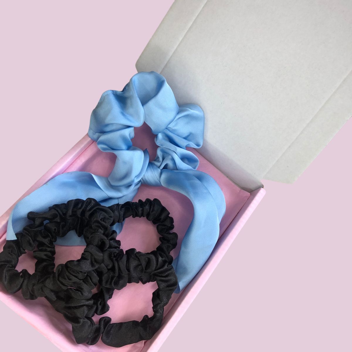 Satin Scrunchie Scarf & Mini Scrunchies Box Set - Baby Blue & Black