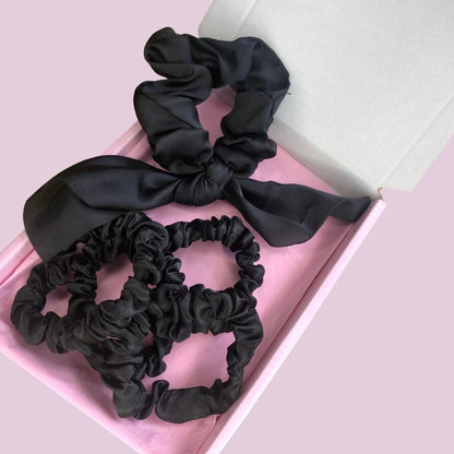 Satin Scrunchie Scarf & Mini Scrunchies Box Set - Black