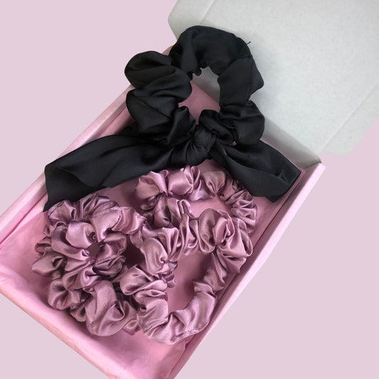 Satin Scrunchie Scarf & Mini Scrunchie Box Set - Black & Pink