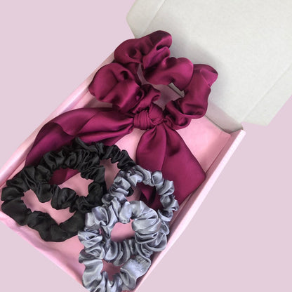 Satin Scrunchie Scarf & Mini Scrunchie Box Set - Magenta, Black & Silver