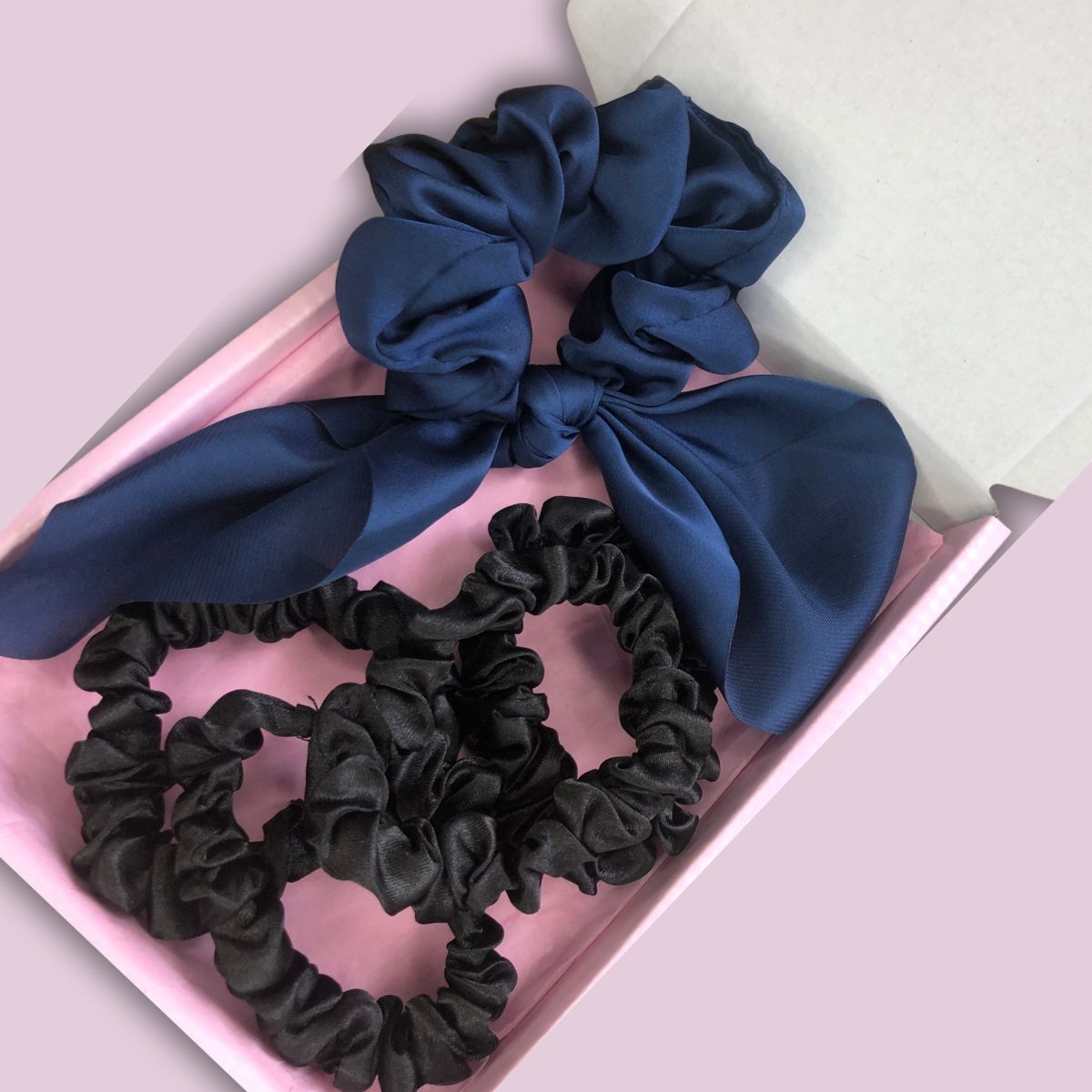 Satin Scrunchie Scarf & Mini Scrunchies Box Set - Navy & Black