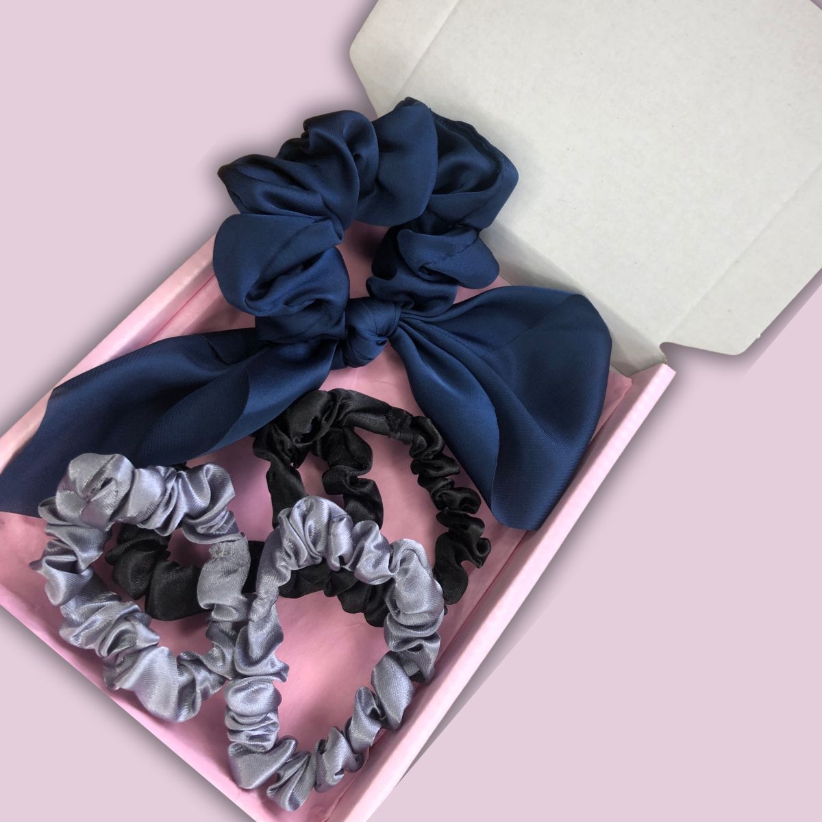 Satin Scrunchie Scarf & Mini Scrunchies Box Set - Navy, Black & Silver