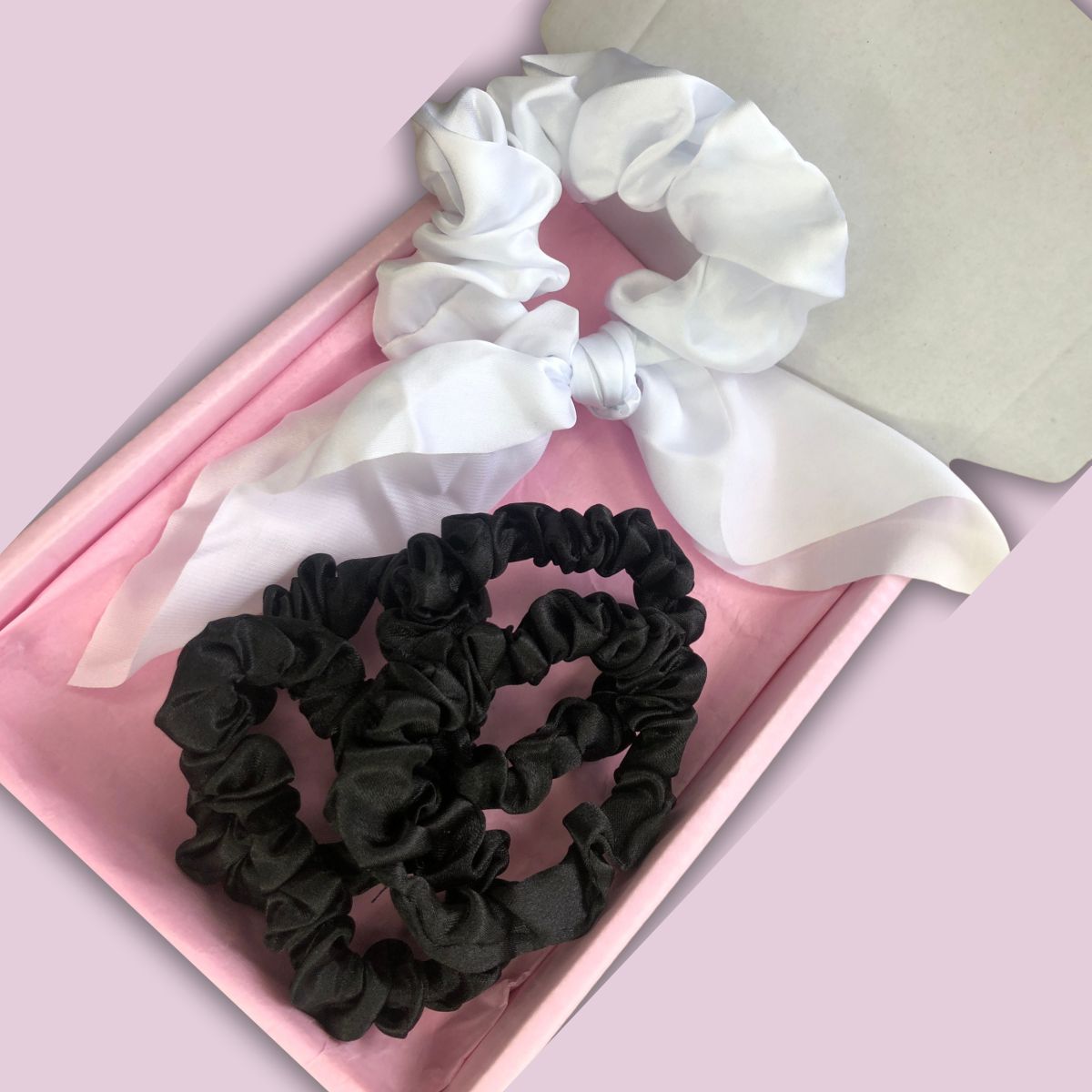 Satin Scrunchie Scarf & Mini Scrunchie Box Set - White & Black