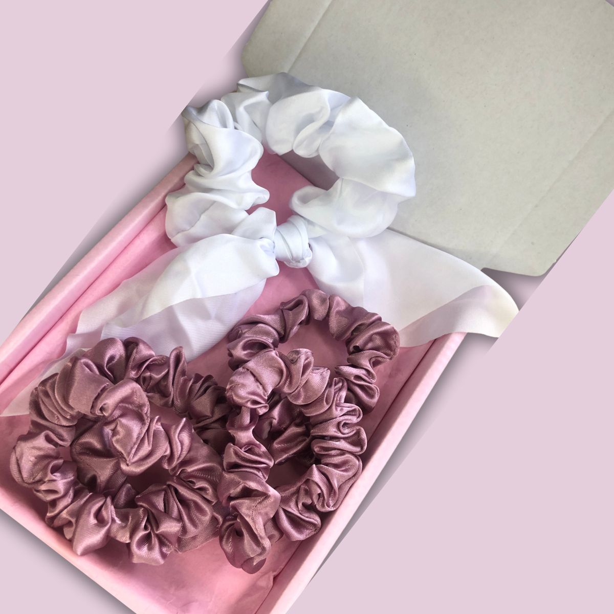 Satin Scrunchie Scarf & Mini Scrunchies Box Set - White & Pink