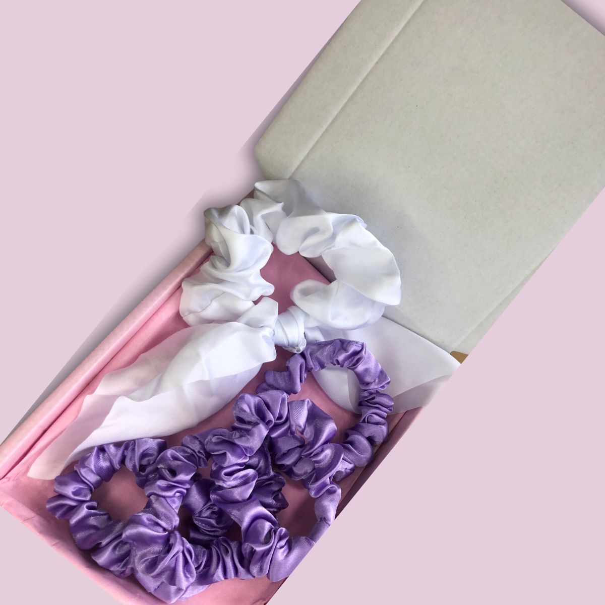 Satin Scrunchie Scarf & Mini Scrunchies Box Set - White & Purple