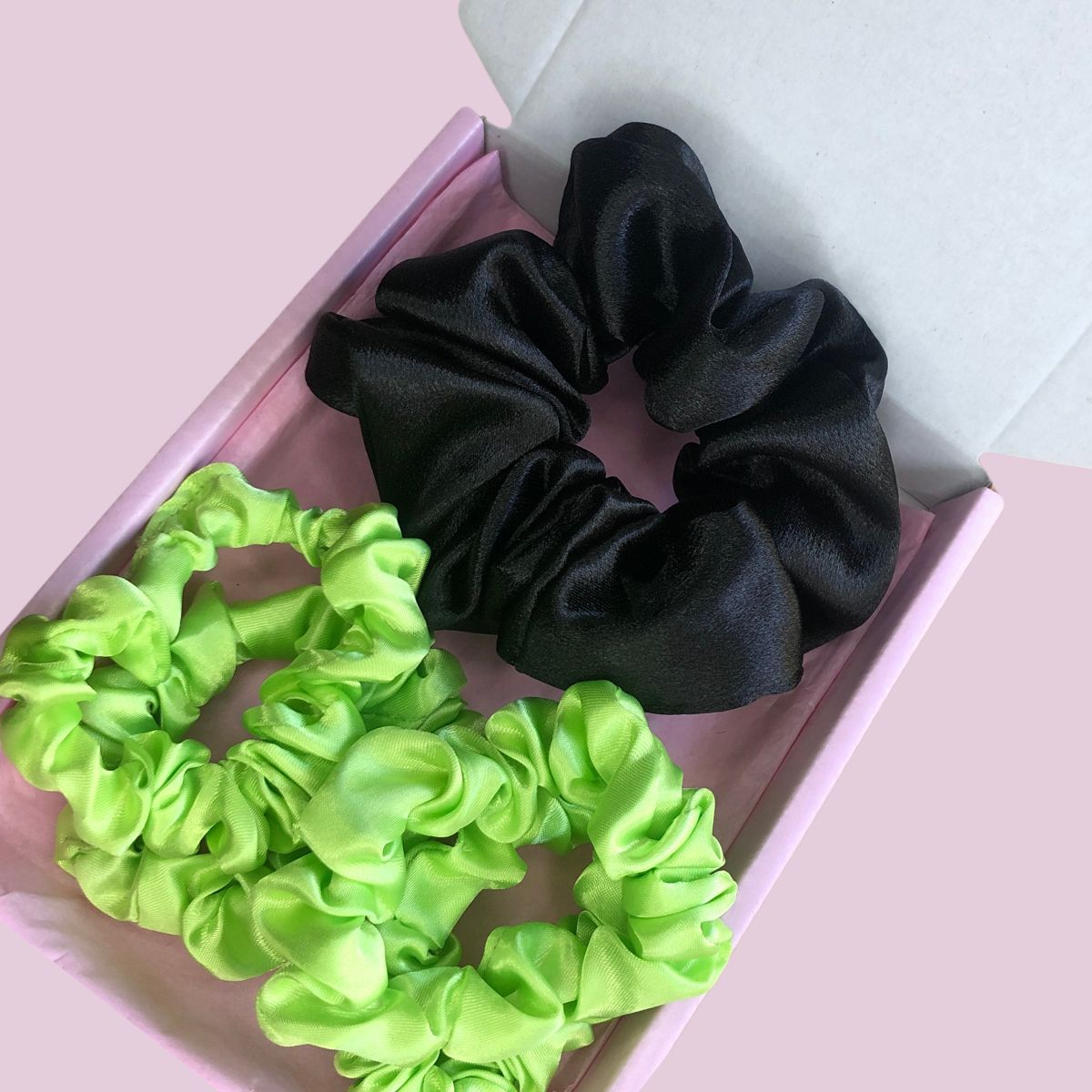 Satin Scrunchie Box Set - The Ultimate Hair Accessory Bundle - Black - Lime