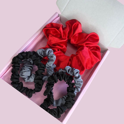 Satin Scrunchie Box Set - The Ultimate Hair Accessory Bundle - Red - Black - Silver