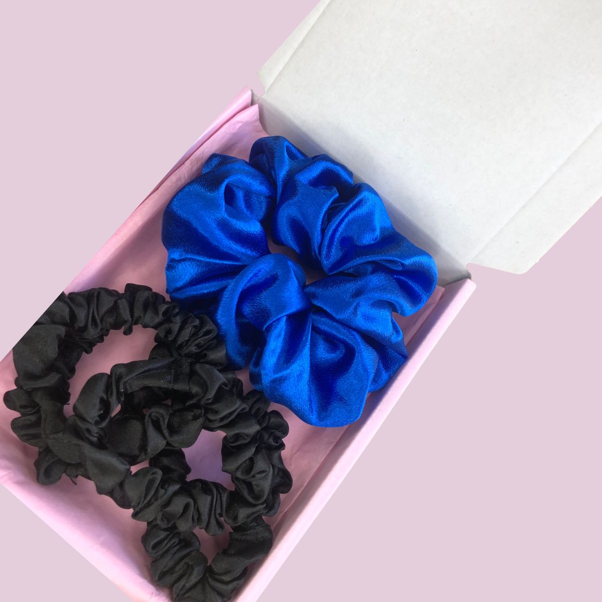 Satin Scrunchie Box Set - The Ultimate Hair Accessory Bundle - Blue - Black