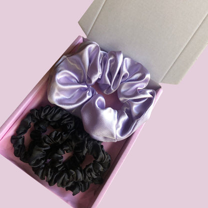 Satin Scrunchie Box Set - The Ultimate Hair Accessory Bundle - Lavender - Black