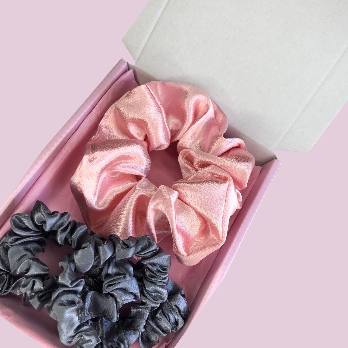 Satin Scrunchie Box Set - The Ultimate Hair Accessory Bundle - Pink - Silver