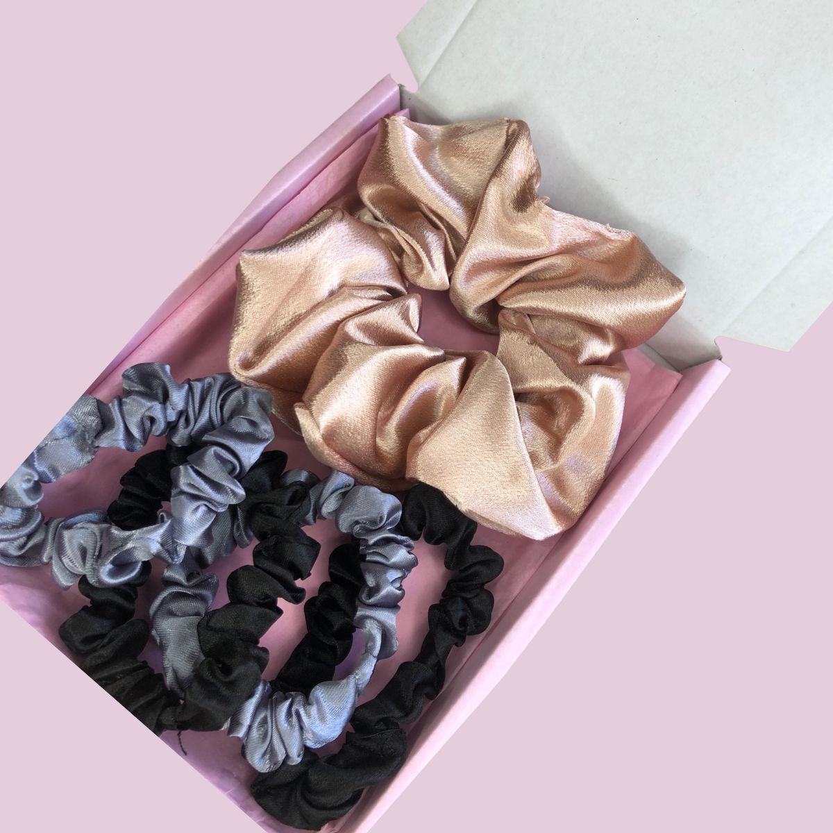 Satin Scrunchie Box Set - The Ultimate Hair Accessory Bundle - Rose Gold - Black - Silver