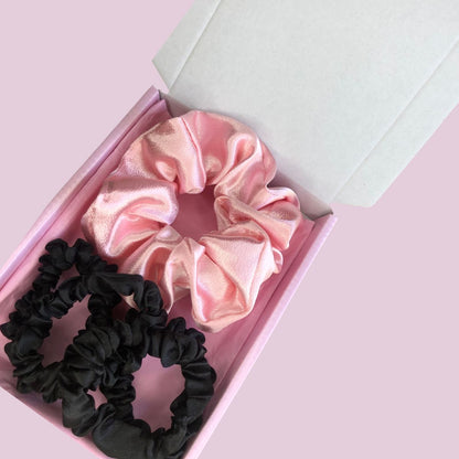 Satin Scrunchie Box Set - The Ultimate Hair Accessory Bundle - Pink - Black