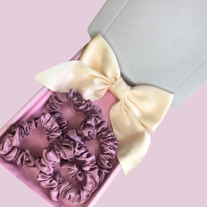 Satin Bow & Mini Scrunchie Box Set - Cream & Pink