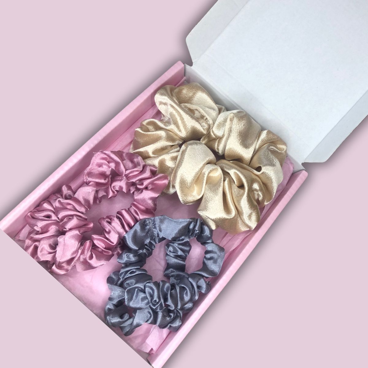 Satin Scrunchie Box Set - The Ultimate Hair Accessory Bundle - Champagne - Dusty Pink - Silver